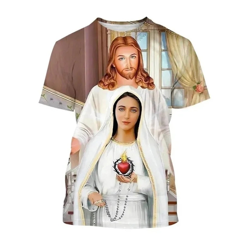 Christian Mother Of God Virgin Mary Jesus Loves Casual Tee Tops Short Sleeve Women's Men Adult and children's clothing Tshirt