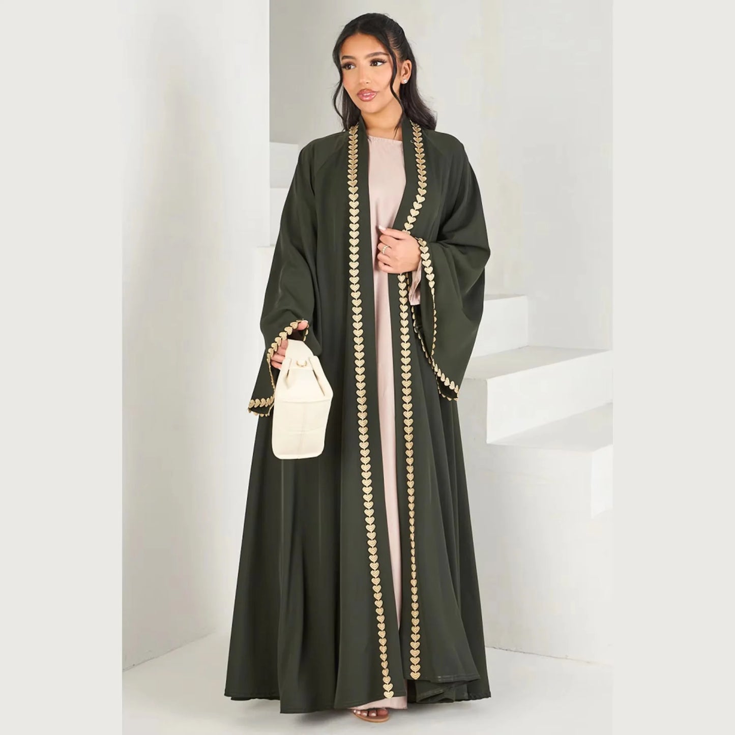 Muslim Womens Abaya with Gold Heart Loose Long Ideal for Islamic Modest Fashion Daily Wear Prayers Weddings Religious Events