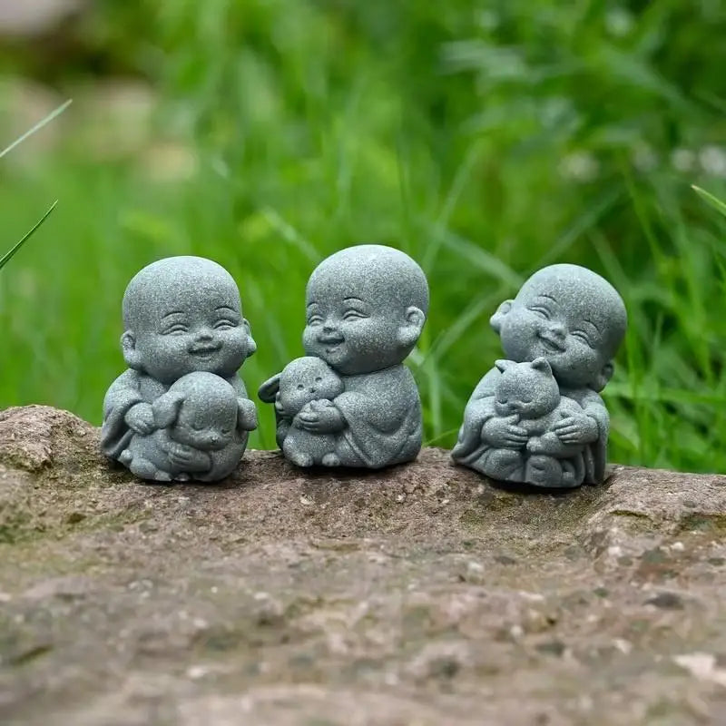 ✔Embracing Animal Monk Statue,Sandstone Finish Zen Baby Buddha Figurine,Mini Spiritual Decor for Home,Office & Garden