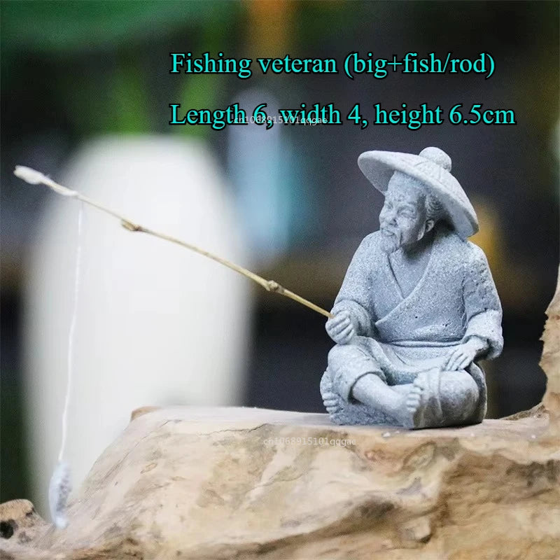 Fish Tank Garden Sitting Fishing Sandstone Vintage Ornament Aquarium Mini Fisherman Statue Asian Zen Decoration  Home Decor