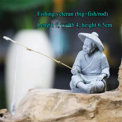 Fish Tank Garden Sitting Fishing Sandstone Vintage Ornament Aquarium Mini Fisherman Statue Asian Zen Decoration  Home Decor