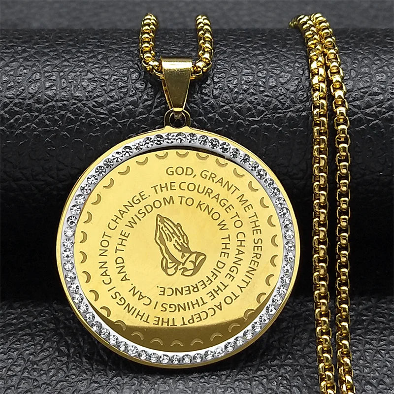 Bible Lords English Serenity Prayer Hand Pendant Necklace for Women Men Stainless Steel Blessing Chain Jewelry collares NZZZ500