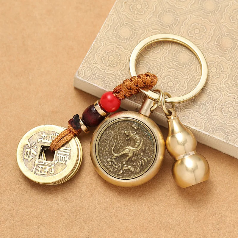 Brass Five Emperors Money Twelve Zodiac Key Chain Turnaround keyChain For Gfit Car Accessories Popular  In Scenic Spots