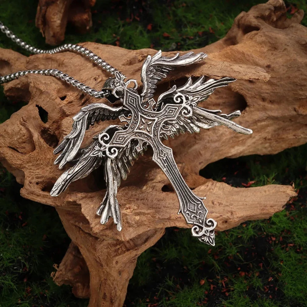 New Retro Six Winged Angel Cross Pendant Necklace keychain European American Unique Exaggerated Fashion Accessory Wholesale