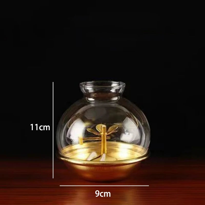 Golden Oil Lamp For Buddha With Glass Windproof Cover,Metal Buddhist Lantern Burner,Religious Candlestick Item