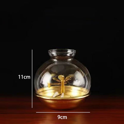 Golden Oil Lamp For Buddha With Glass Windproof Cover,Metal Buddhist Lantern Burner,Religious Candlestick Item