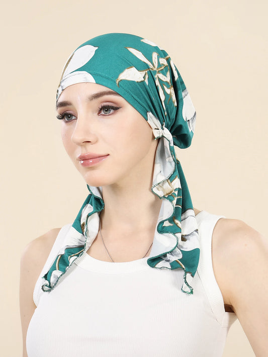 Muslim Fashion Print Hijab Turban Hats Long Tail Head Wraps Elastic Hijab Hats Breathable Chemo Cap For Women Girls