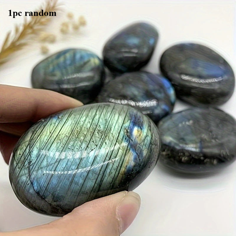 1pc natural labradorite palm stone - hand-polished oval massage and worry stone, iridescent blue hue