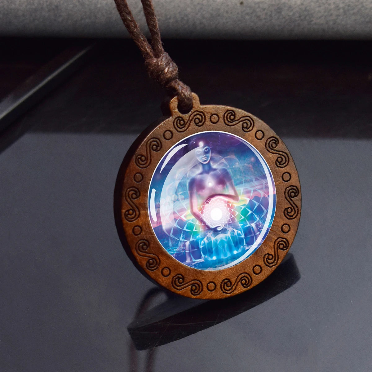 7 Chakra Glass Necklace Wood Pendant Meditation Healing Jewelry Indian Yoga Gift