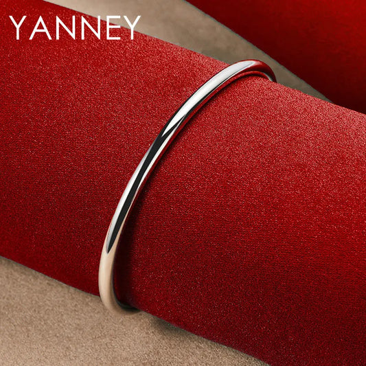 Real 925 Sterling Silver 4MM Simple Opening Bangle Bracelet For Women Men Fashion Hip Hop Punk Jewelry Wedding Gifts