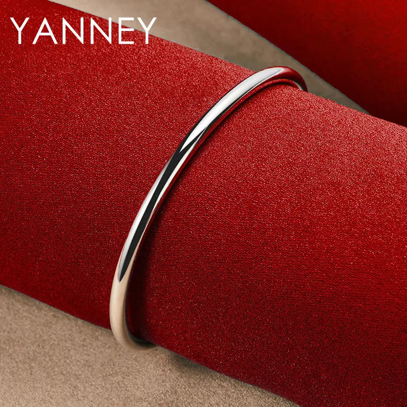 Real 925 Sterling Silver 4MM Simple Opening Bangle Bracelet For Women Men Fashion Hip Hop Punk Jewelry Wedding Gifts