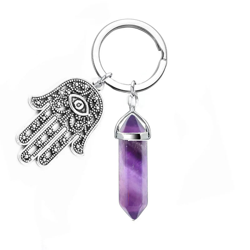 1Pc Natural Stone Crystal Points Keychain with Hamsa Hand Evil Eye Charms Reiki Energy Good Luck Amulet for DIY Jewelry Making