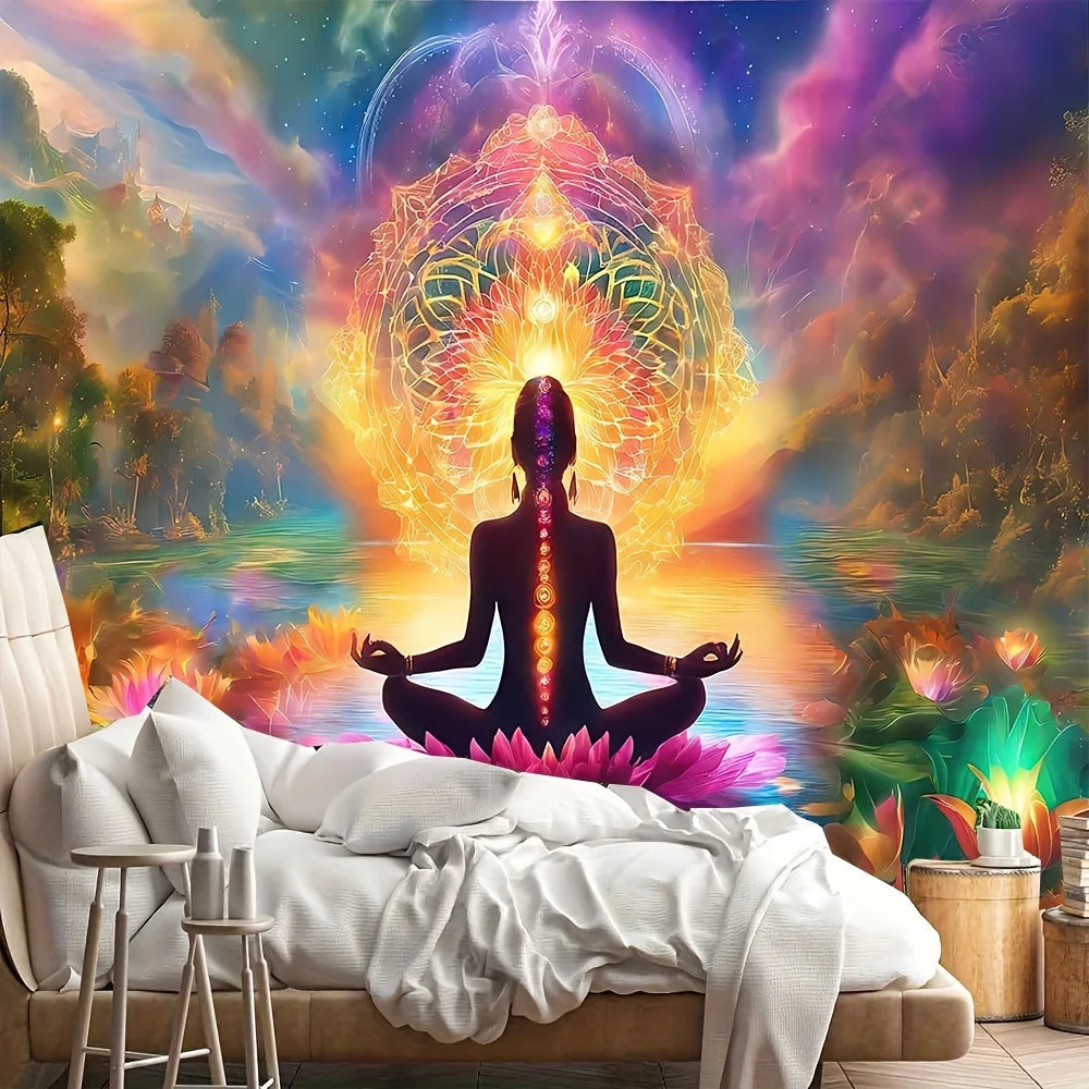VIKAMA Spiritual Light Wheel Tapestry Meditation Room Bohemian Living Room Decor Mandala Healing Energy Field Art Backdrops