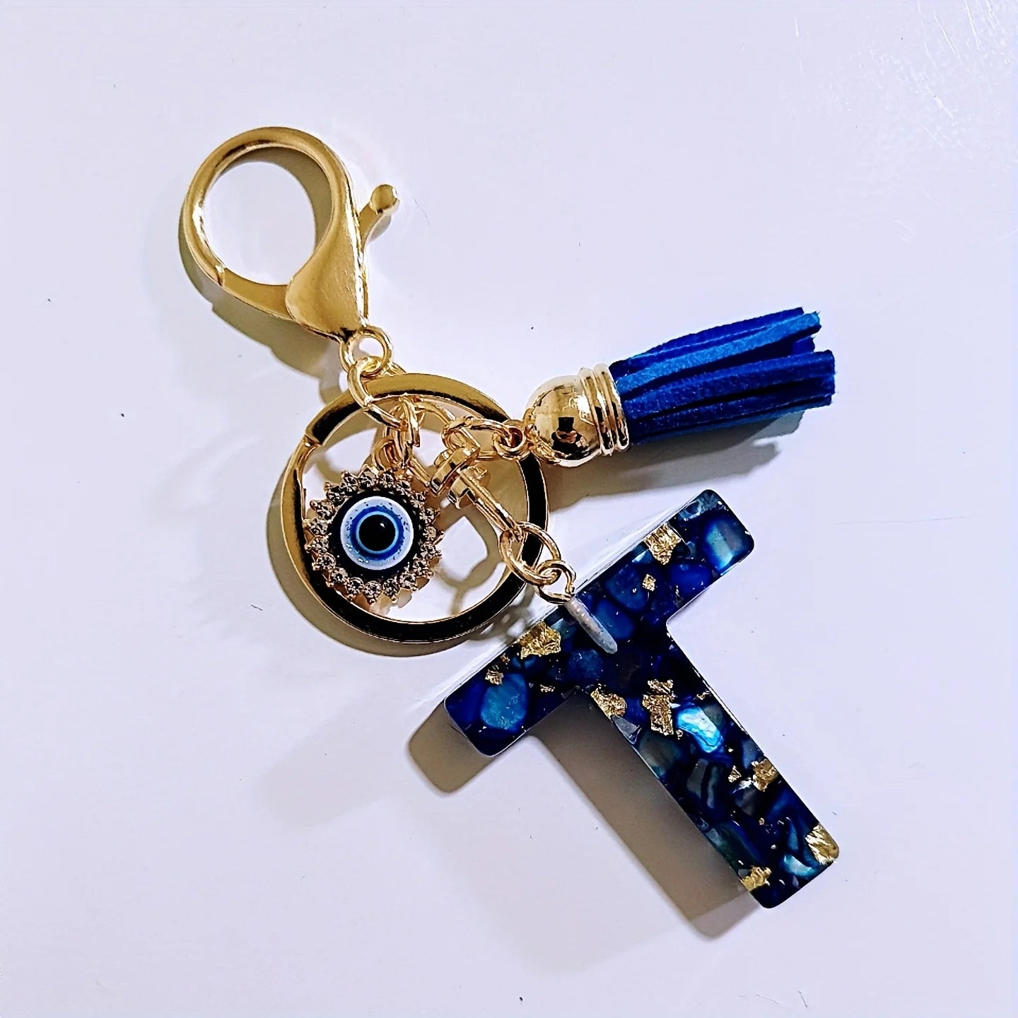 Blue Resin Initial Keychain - Evil Eye Letter Charm with Rhinestones & Tassel, Stylish Gift for Women, Lobster Clasp Accessory