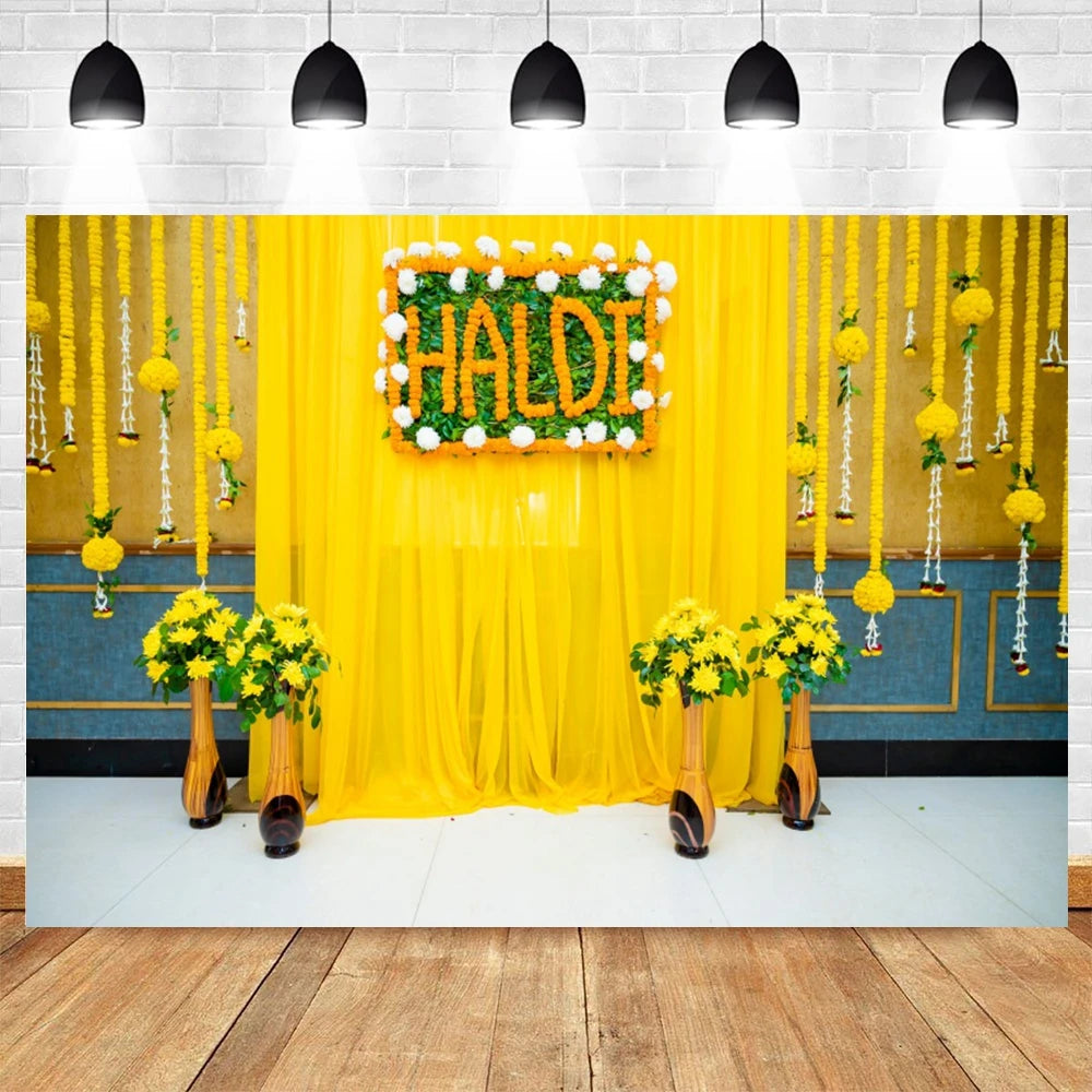 Indian Traditional Photography Background Marigold Green Leaf Hindu Indian Wedding Holi Flowers Garland Anniversary Backdrops