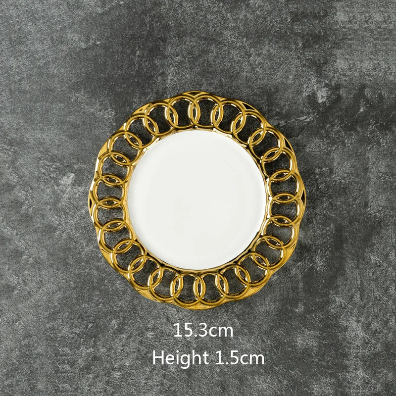 Gold Plated Hollow Out Ceramic Plate Steak Plate Dessert Snack Plate Fruit Salad Plates Service Plates Restaurant Tableware