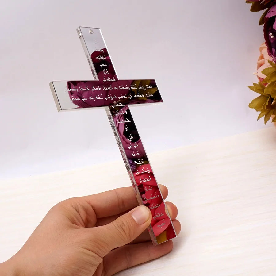 Religious Orthodox Aramaic Cross Aramaic Lord's Prayer Big Hanging Cross Acrylic Mirror Silver God Bless Baptism Church Paryer