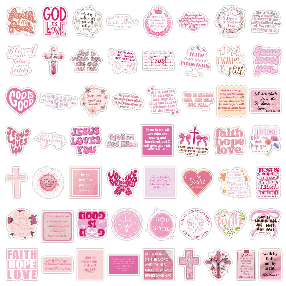 10/55/110PCS Pink Bible Christian Stickers Cartoon Jesus Loves You Decal For Laptop Phone Guitar Cup Waterproof Sticker Kid Toys
