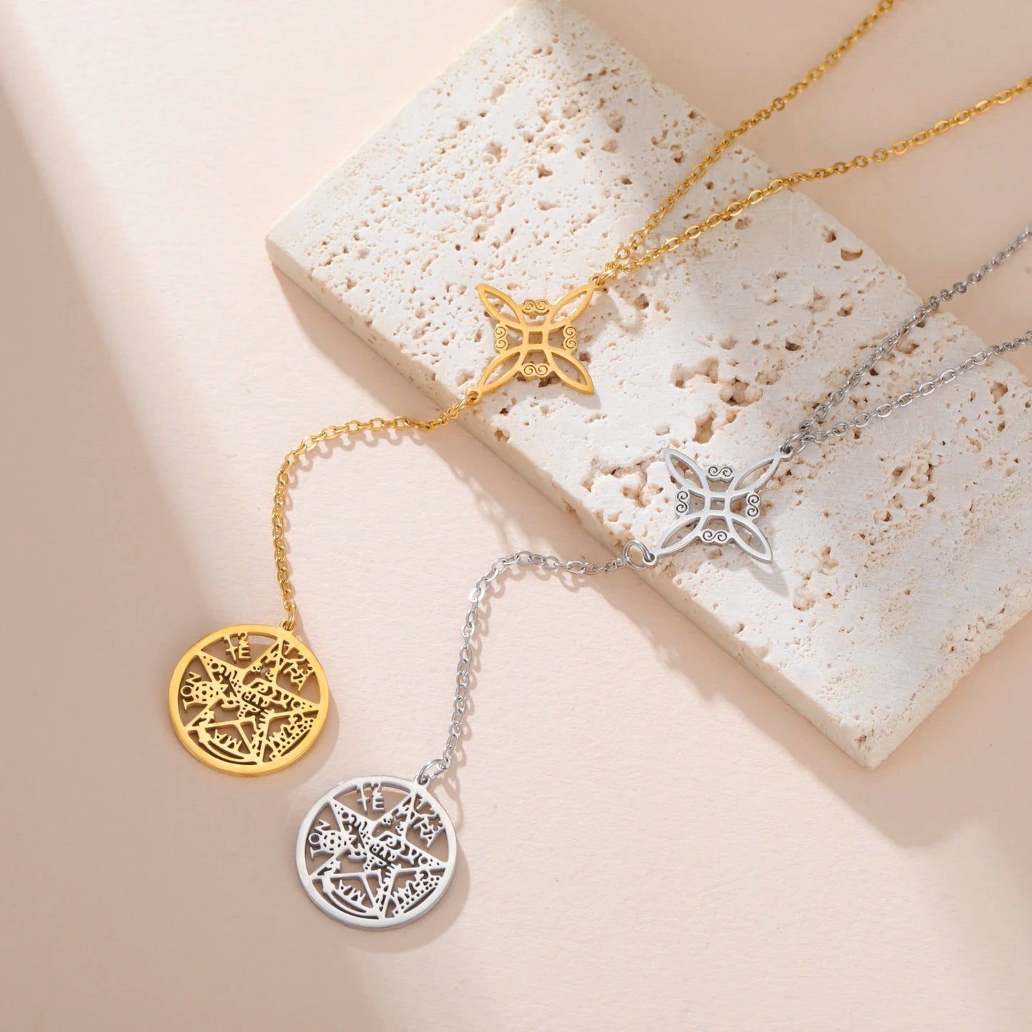 Double Amulet Protection Necklace witch Knot Pentagram Tetragrammaton Stainless Steel Protection Jewerly Wholesale