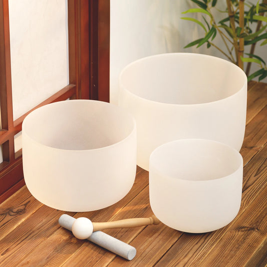 KVKA 10"E 8"G 6"B 432hz 440hz Frosted Quartz Crystal Singing Bowl Chakra Set of 3 pcs for Yoga Sound Healing Musical Meditation