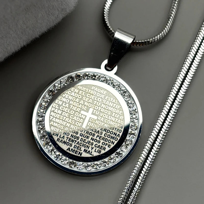 Bible Verse Cross Rhinestones Chain Necklace for Women Men Stainless Steel Spanish Our Father Medal Lord's Prayer Jewelry Gift