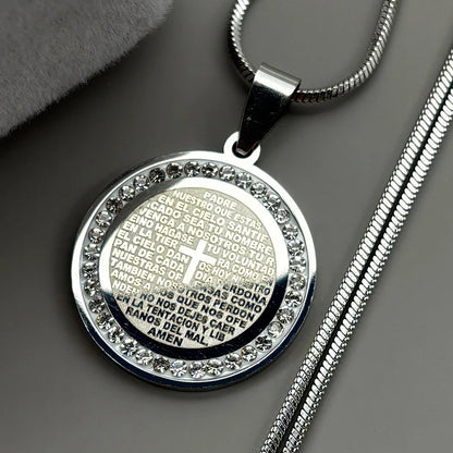 Bible Verse Cross Rhinestones Chain Necklace for Women Men Stainless Steel Spanish Our Father Medal Lord's Prayer Jewelry Gift