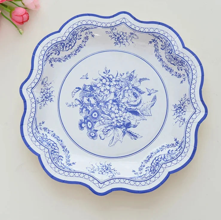 8pcs Chinese Blue White Porcelain Plate Party Decoration Plate Retro Wave Edge Plate Holiday Cake Plate Disposable Paper Plate