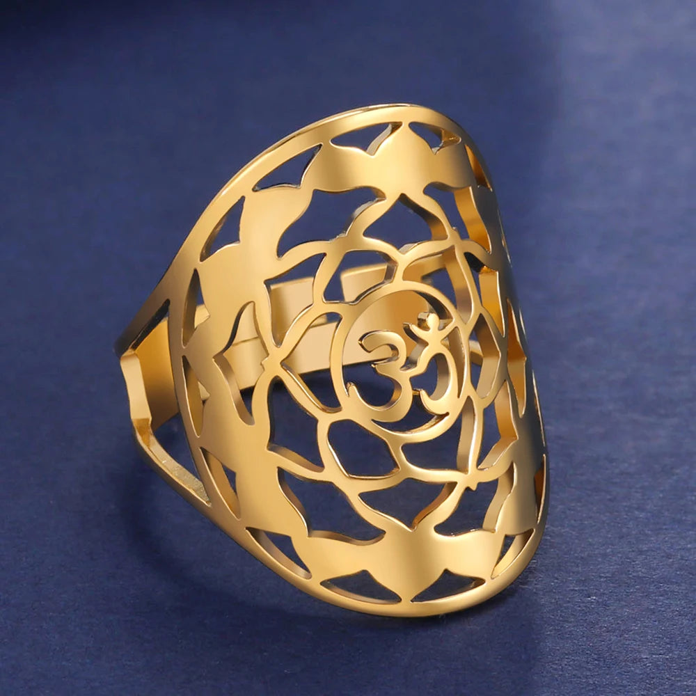 Dawapara Buddhism Spiritual OM Ohm Symbol Adjustable Ring Spiral Sacred Geometry Finger Ring Stainless Steel Jewelry