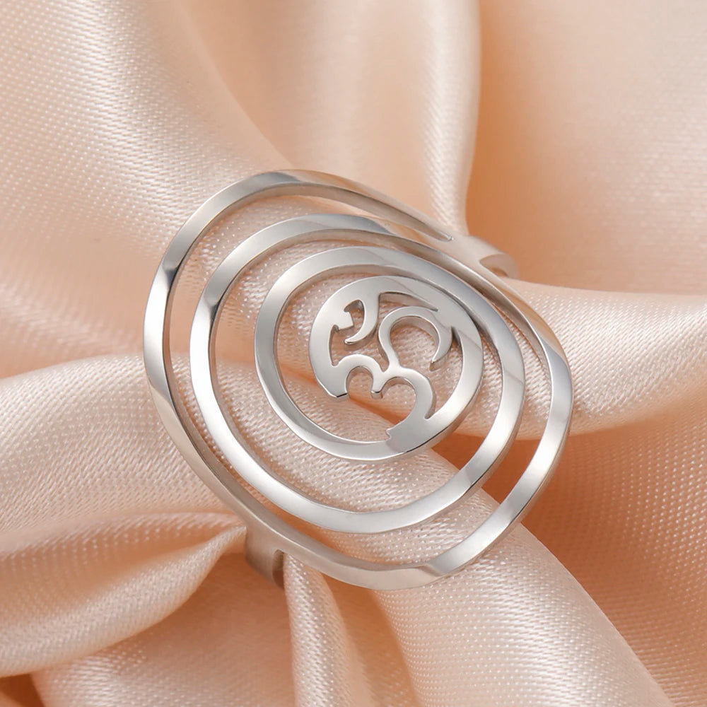 Dawapara Buddhism Spiritual OM Ohm Symbol Adjustable Ring Spiral Sacred Geometry Finger Ring Stainless Steel Jewelry