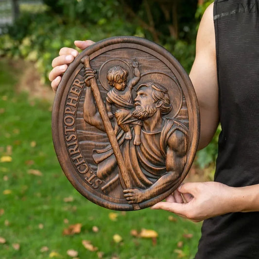 Vintage St. Christopher Wood Carving Plaque, Patron Saint Statue Sculpture Home Wall Decor