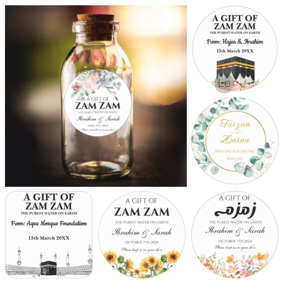 Custom Zamzam Water Sticker Islamic Nikah Wedding Favor Muslim Hajj Umrah Party Gift Packaging Label Bridal Shower Adhesive DIY