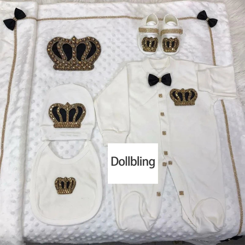 5pcs Handmade DIY Vinyl Name Personalized Baby Girl Newborn Jewels Crown Pink Take Me Home Layette 5 Piece Deluxe Gift Set