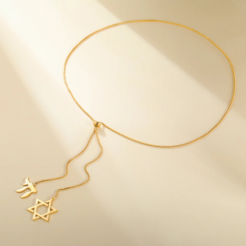 Dawapara Star of David and Jewish Hebrew Chai Pendant Long Necklace Sweater Chain Hexagram Judaism Stainless Steel Jewelry