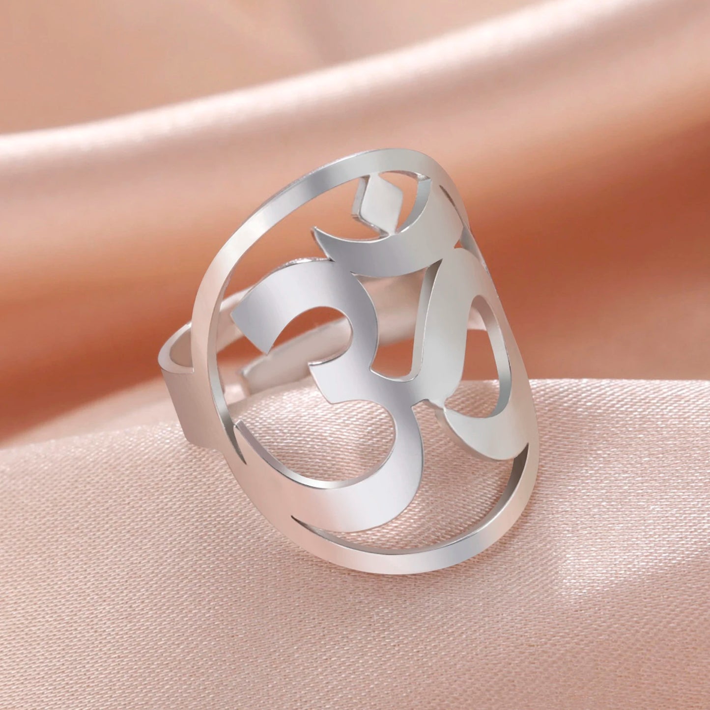 Dawapara Buddhism Spiritual OM Ohm Symbol Adjustable Ring Spiral Sacred Geometry Finger Ring Stainless Steel Jewelry