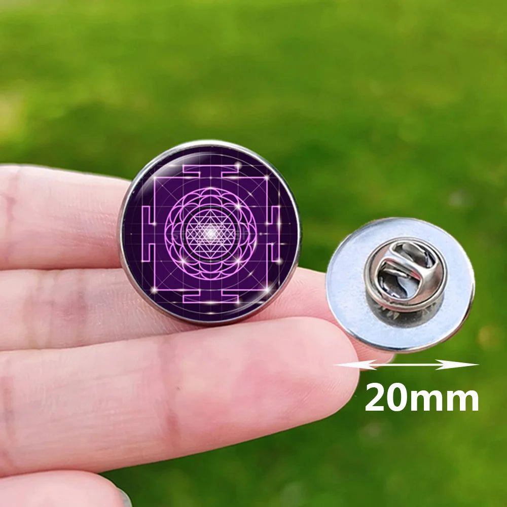 Metatron Cube Stainless Steel Pin Badge Sri Yantra Sacred Geometry Glass Brooch for Men Women Bag Decoration