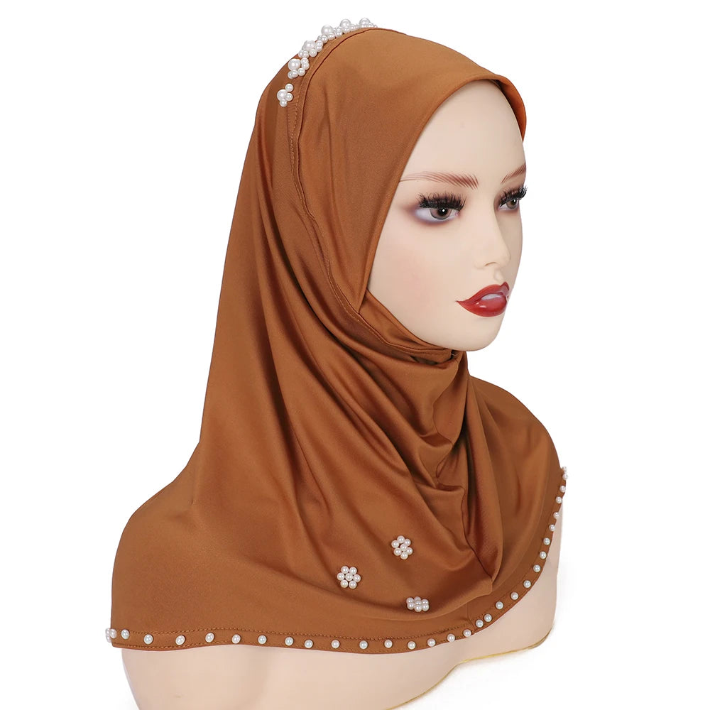 Trendy Muslim Instant Hijab Beads Bonnet Stretch Scarf Islamic Headband Jersey Hijab Headwrap Turbante for Women