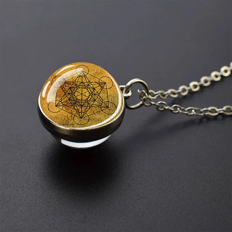 Sacred Geometry-Metatron's Cube Necklaces Sri Yantra Mandala Double Side Glass Ball Pendant Necklace Buddhist Yoga Jewelry Gift