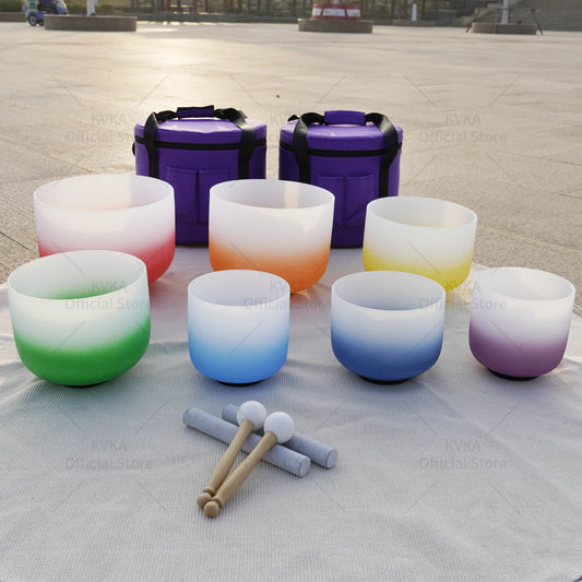 KVKA  6-12 inch Or 7-12 Inch 432hz or 440hz Gradient Half Colored Chakra Frosted Quartz Crystal Singing Bowl for Yoga Sound