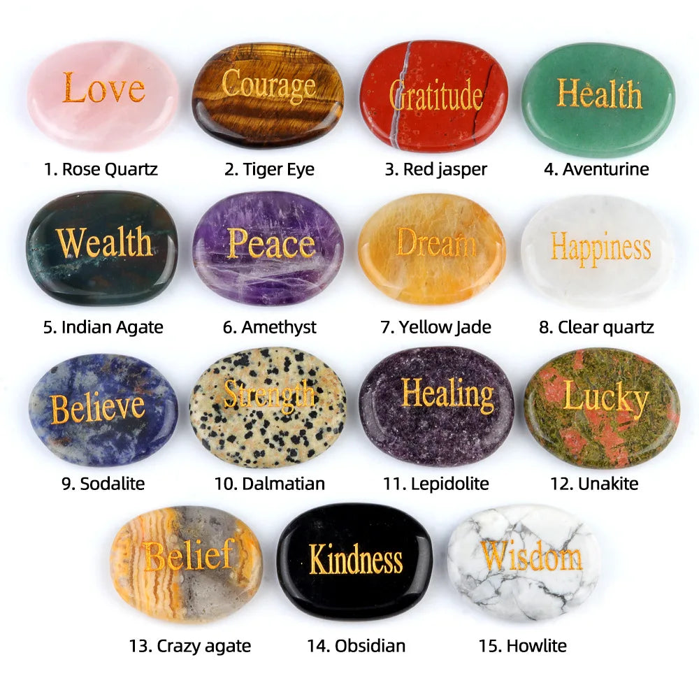Natural Stone Crystal Engraved Different Inspirational Word Worry Stones Reiki Healing Crystals Palm Gemstone Thanksgiving Gifts
