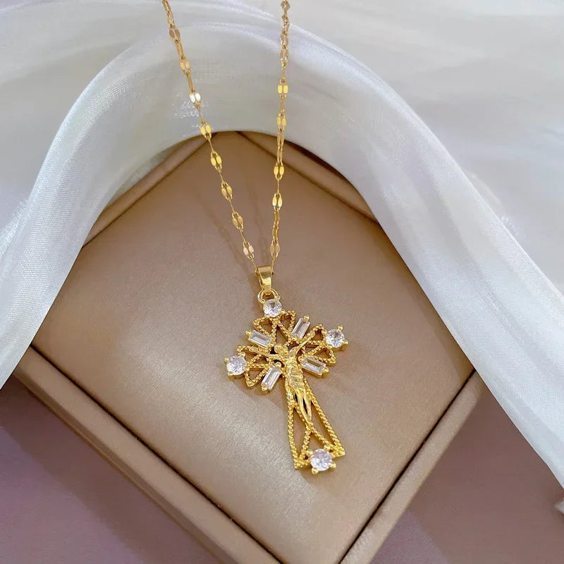 Exquisite Gold Color Stainless Steel Inlaid Crystal Cross Pendant Necklace for Women Men Luxury Full of Zircon Chokers Jewelry
