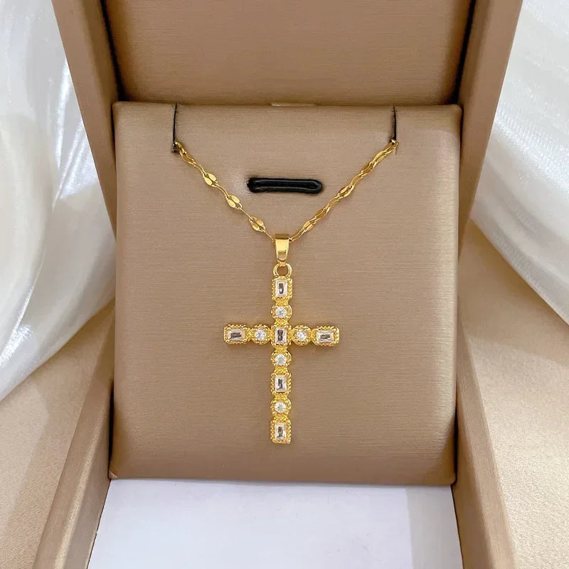 Exquisite Gold Color Stainless Steel Inlaid Crystal Cross Pendant Necklace for Women Men Luxury Full of Zircon Chokers Jewelry