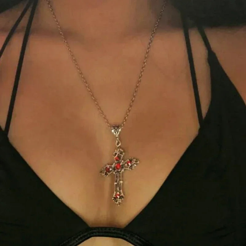 Y2K Punk Crystal Big Cross Pendant Necklaces for Women Men Gothic Irregular Cross Clavicle Chain Necklaces Aesthetic Jewelry