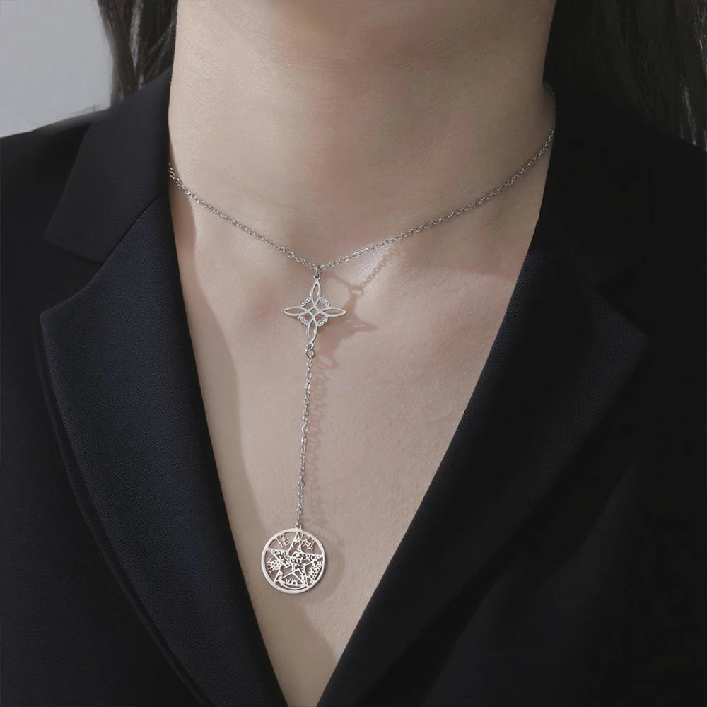 Double Amulet Protection Necklace witch Knot Pentagram Tetragrammaton Stainless Steel Protection Jewerly Wholesale