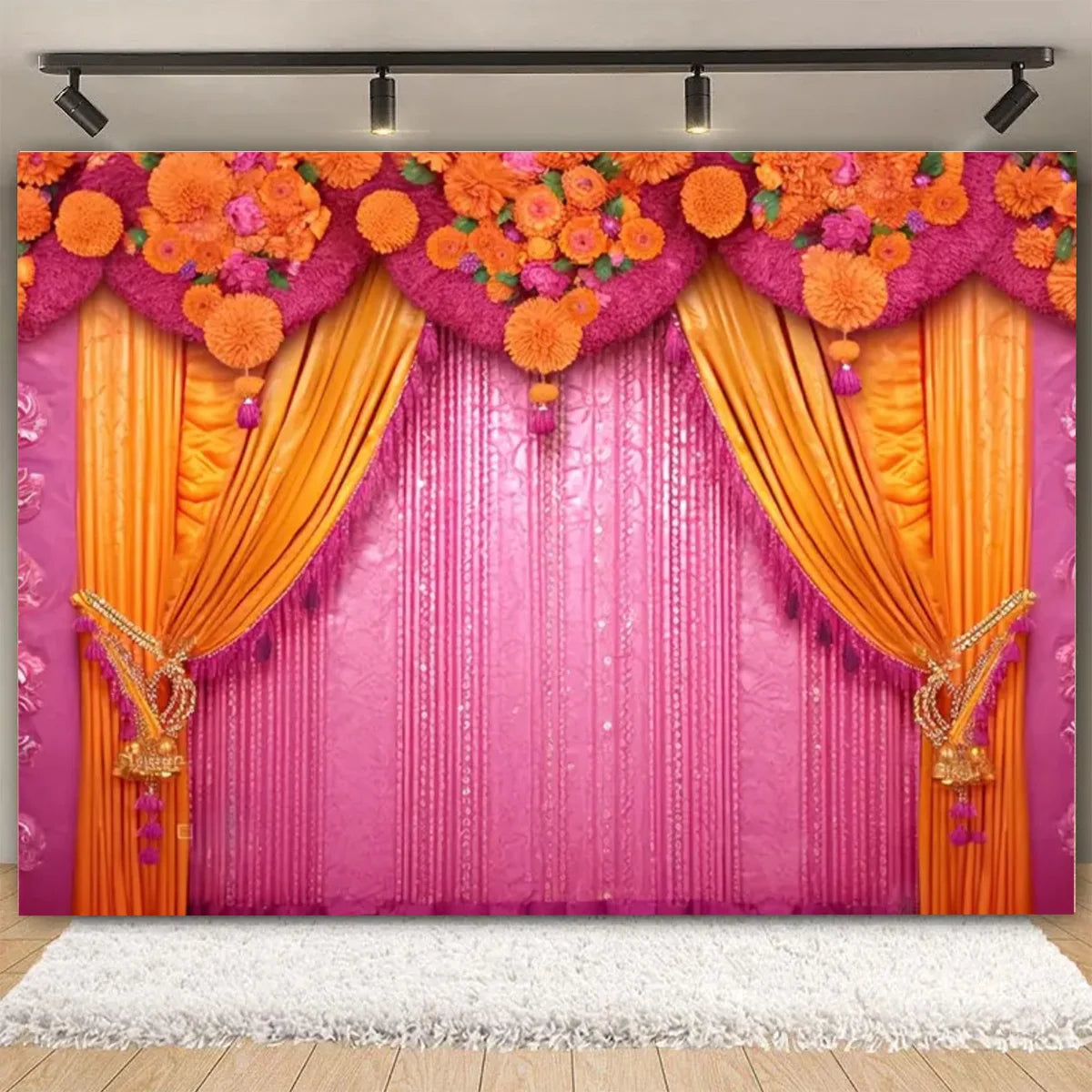 Indian Traditional Photography Background Marigold Green Leaf Hindu Indian Wedding Holi Flowers Garland Anniversary Backdrops