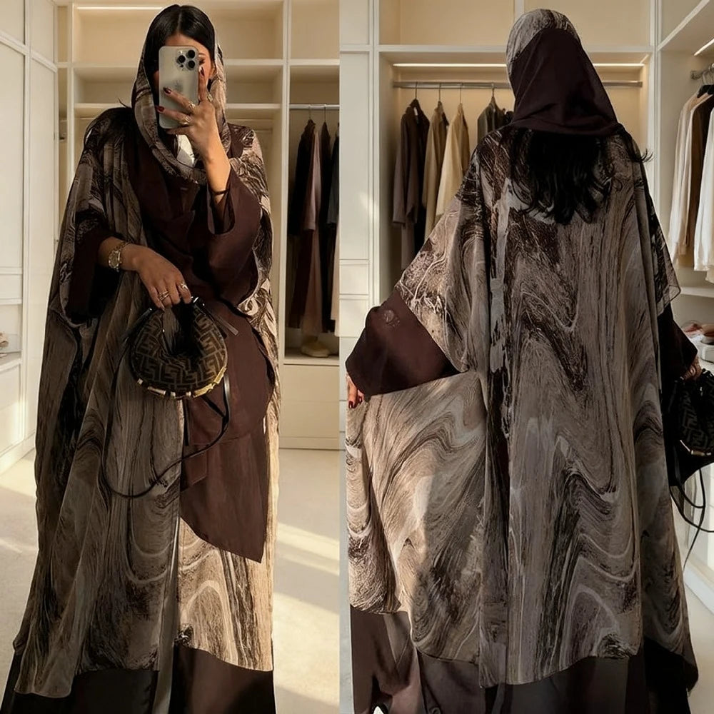 Women Abaya Scarf 2 Piece Set Cardigan Dress Dubai Eid Muslim Print Morocco Kaftan Party Jalabiya Vestidos Largos Arab Long Robe