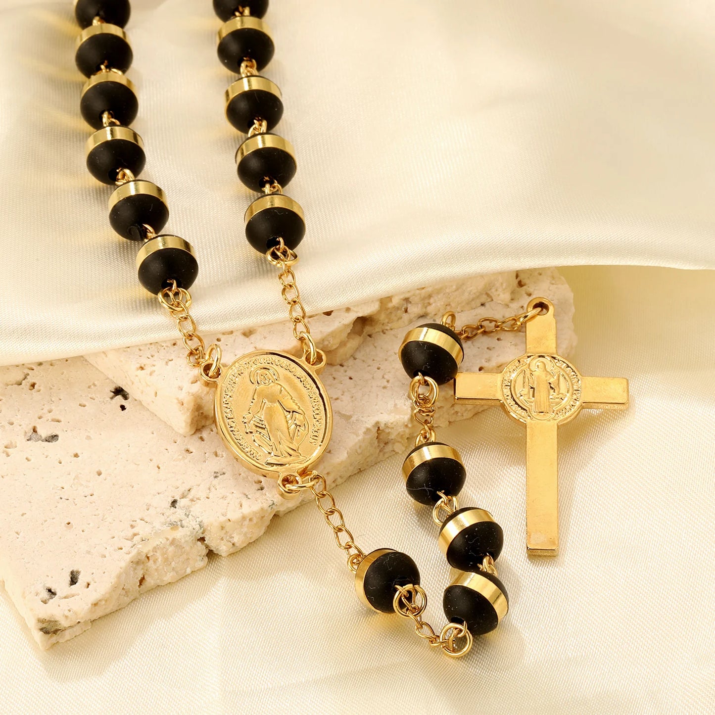 LUXUKISSKIDS Catholic Rosaries Beaded Prayer Cross Pendant Necklace Rosary Prayer Long Stainless Steel Necklaces Collier Jewelry