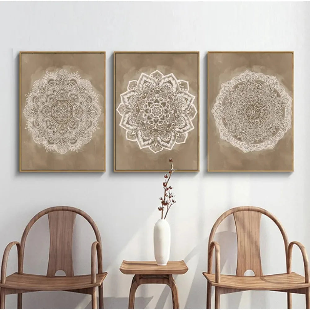 Mandala Boho Wall Art Canvas Painting Poster Print Brown for Rustic Bedroom Office Home Decor Pictures Bathroom Geometry