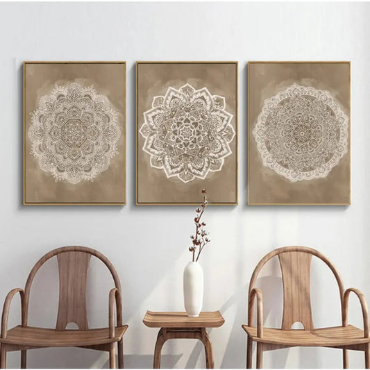 Mandala Boho Wall Art Canvas Painting Poster Print Brown for Rustic Bedroom Office Home Decor Pictures Bathroom Geometry