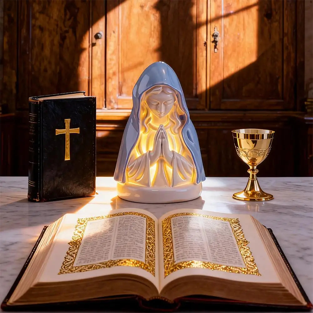 Virgin Mary Prayer Statue with Light, Christian Prayer Lamp for Home Christian Decor, Hand Painted Blessed Virgin Mary Statue