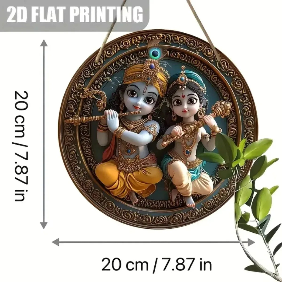 Charming Round Krishna & Radha Wall Ornament: Traditional Hindu Present, Rustic Spiritual Decor Piece